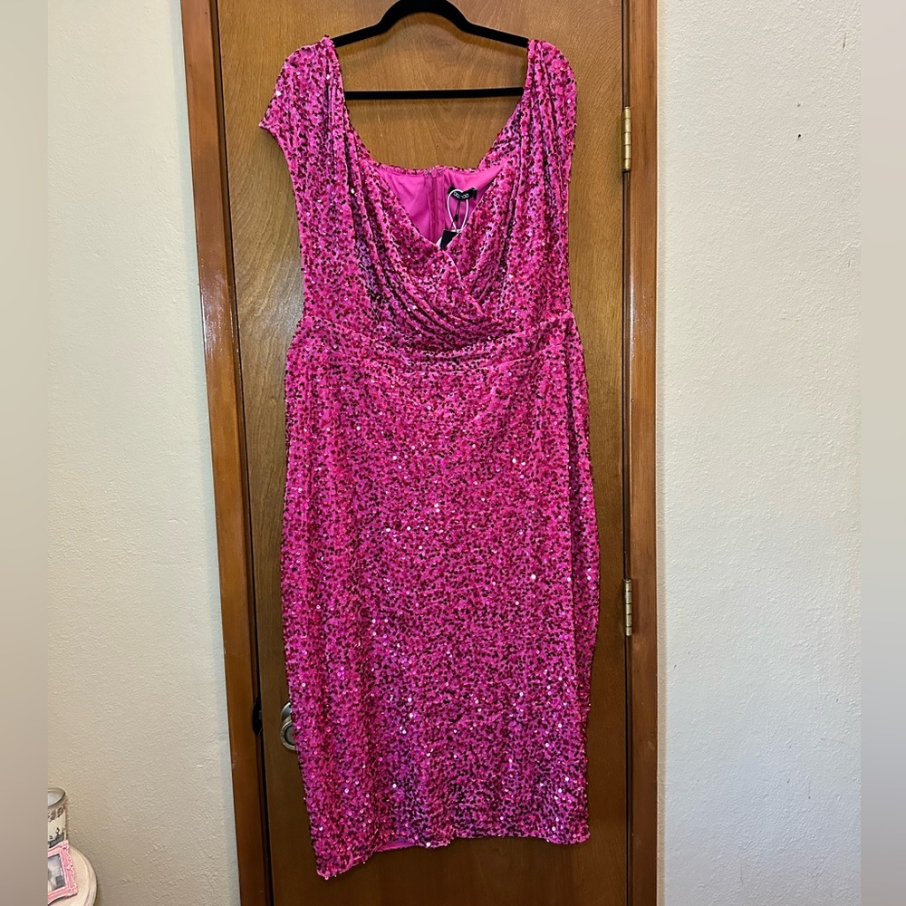 NWT! Fuschia hot pink stretch sequin off the shoulder dress plus size 18